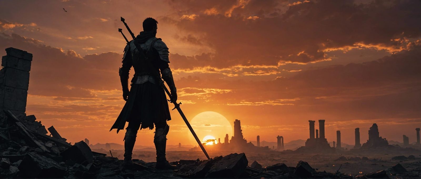 Solitary Warrior Grieves on Desolate Battlefield