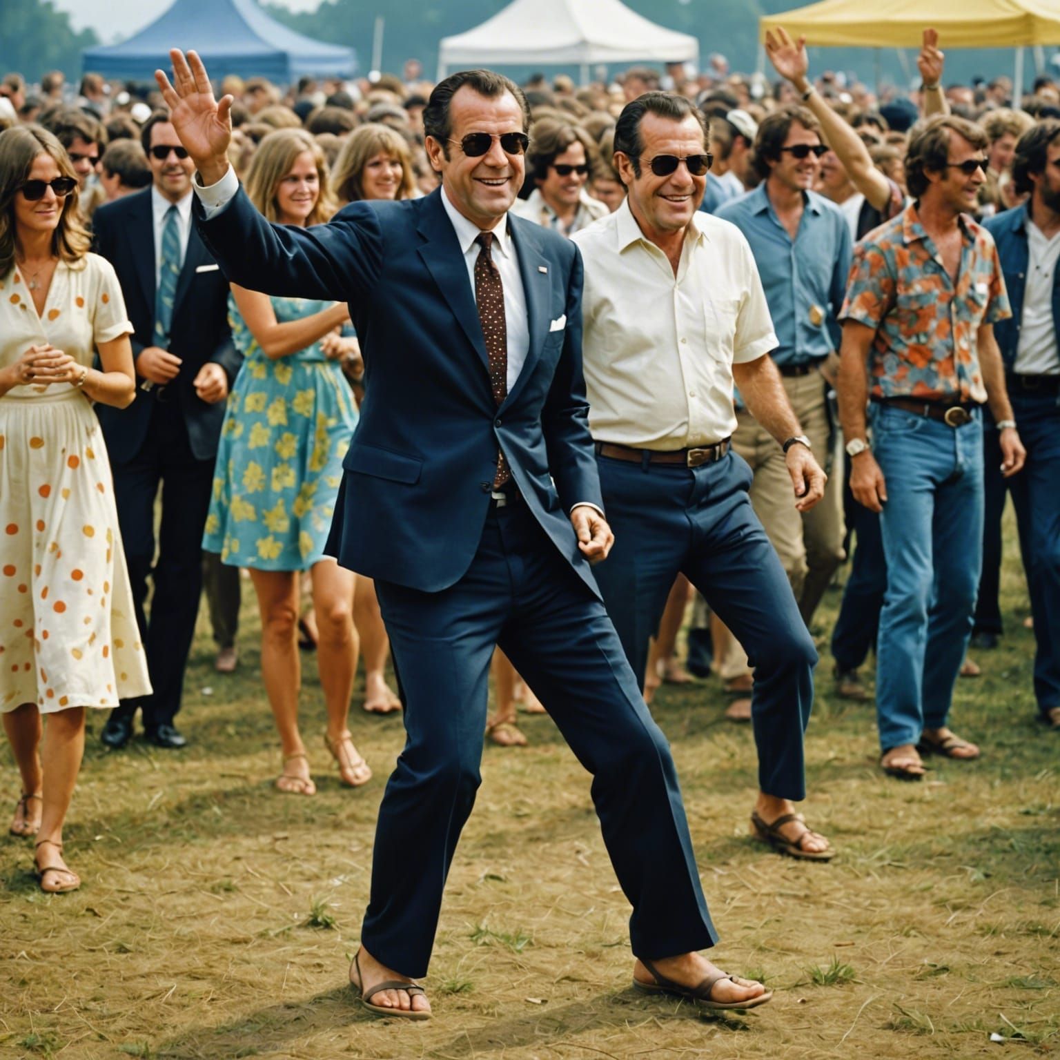 Richard Nixon dancing barefoot at Woodstock 1969 music festival