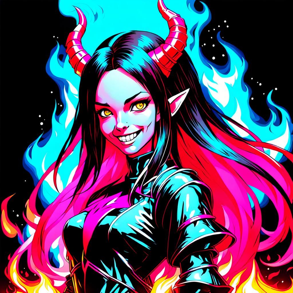 Charming Cyberpunk Demoness with Holographic Fire