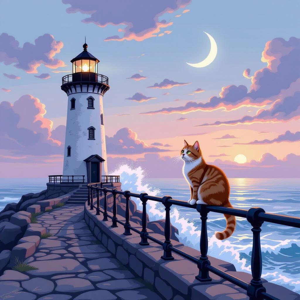 Lighthouse at Twilight with Cat, Painterly Style
