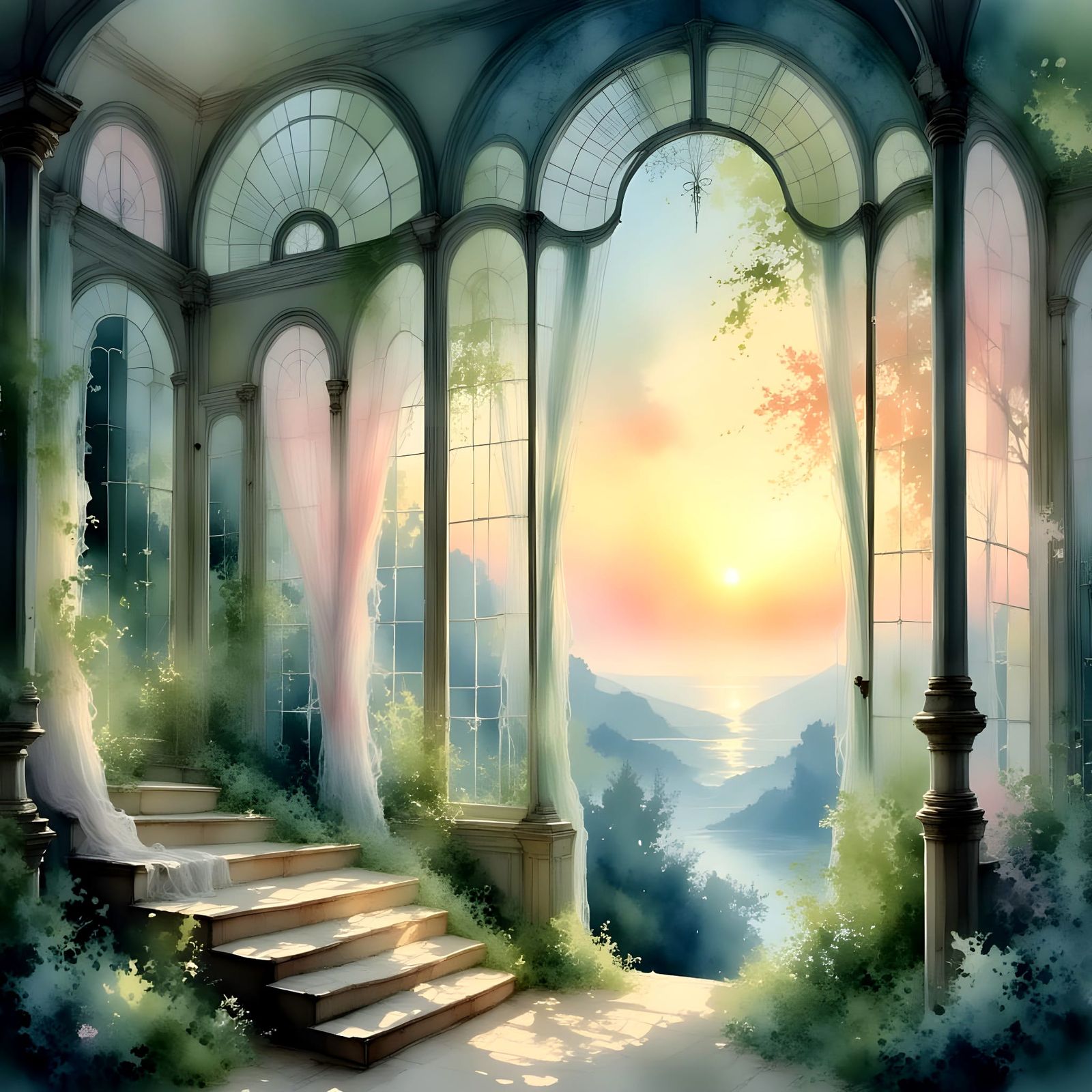 Pastel Forest Clearing Leads to Ocean Sunset