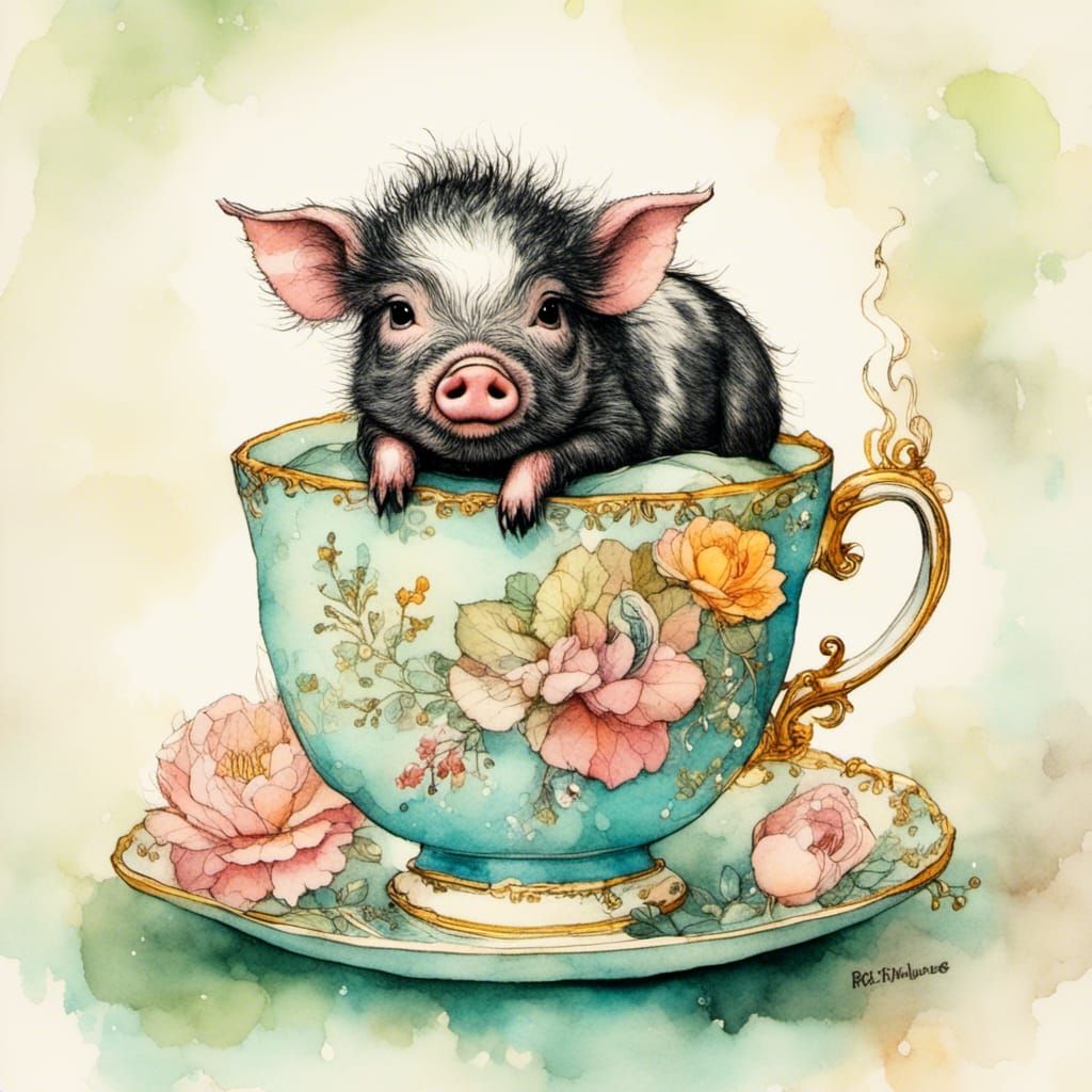 Miniature Pig in Teacup Vintage Illustration
