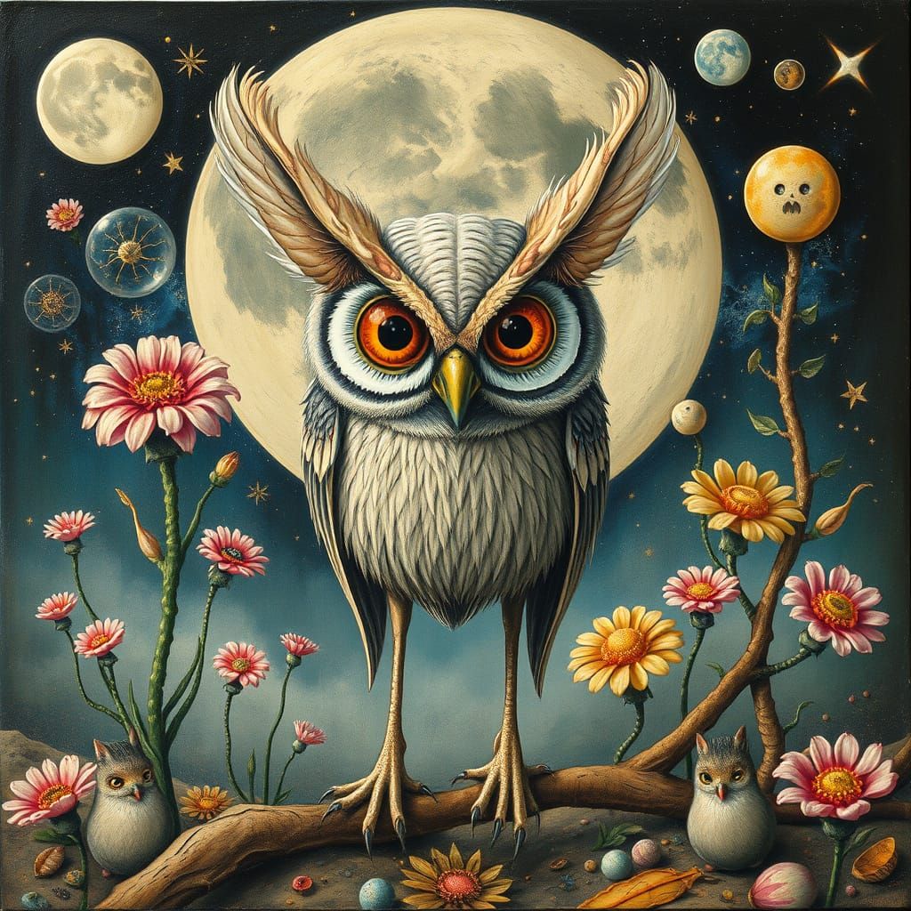 Whimsical Moth Owl Hybrid in Dark Surrealist Style