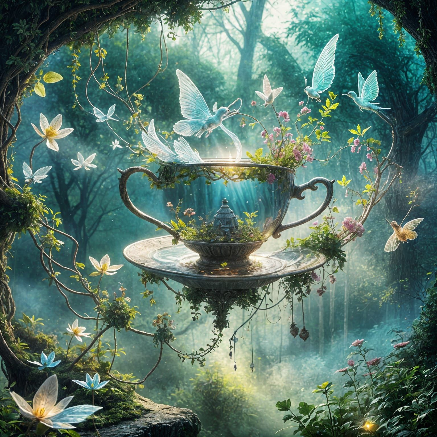 Enchanted Fairy Scene Inside Suspended Teacup