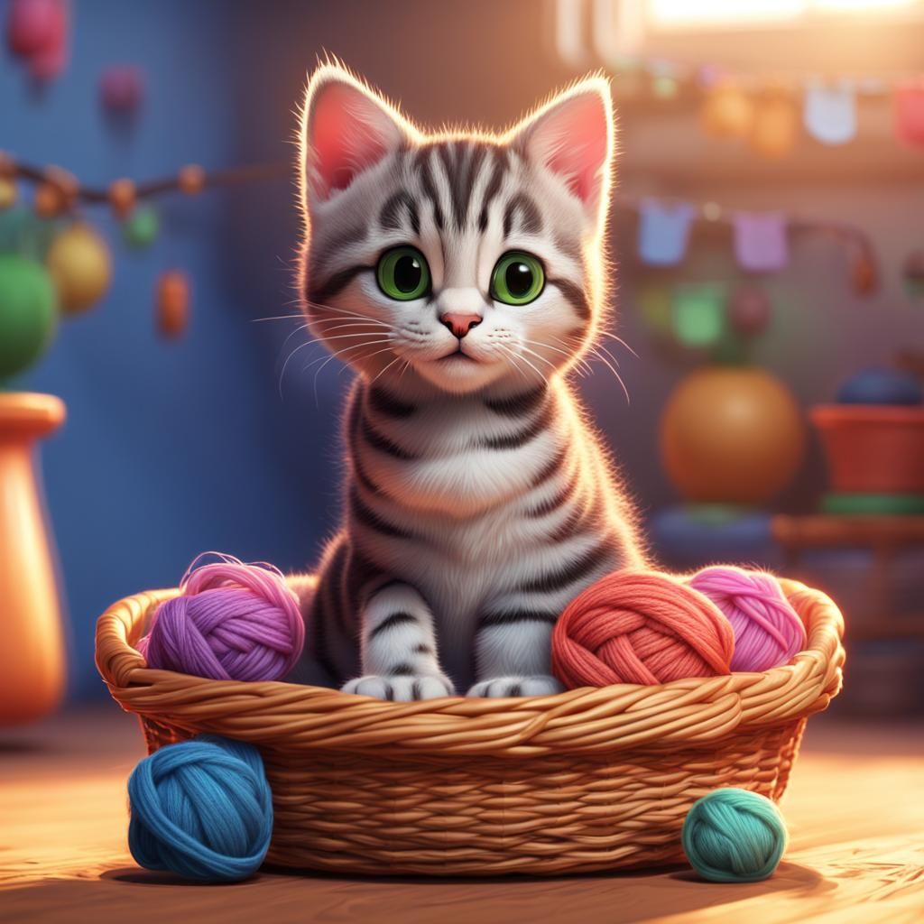 Tabby Kitten in Yarn Basket: Pixar Style 3D Art