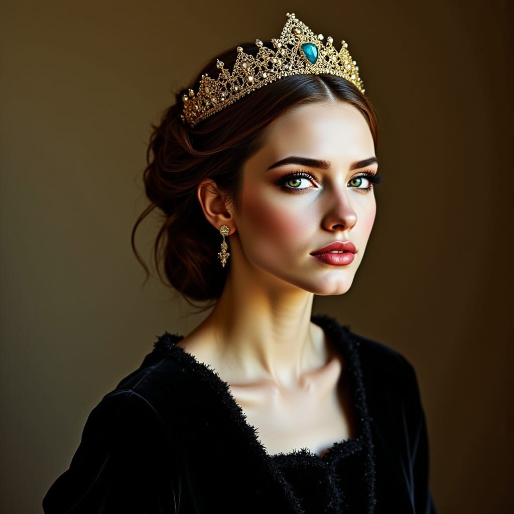 Regal Woman in Black Velvet Dress with Gold Crown