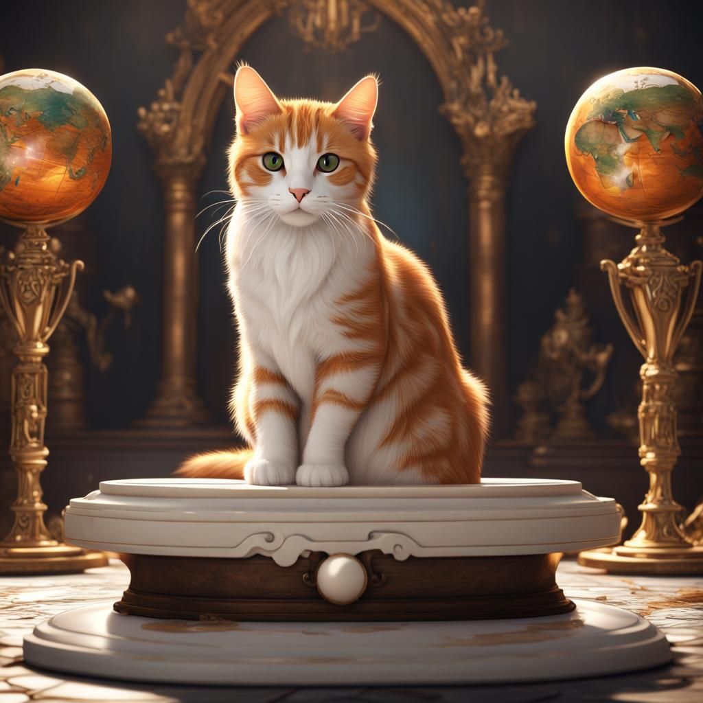 Orange Tabby Cat with Earth Trophy: Detailed Matte Painting