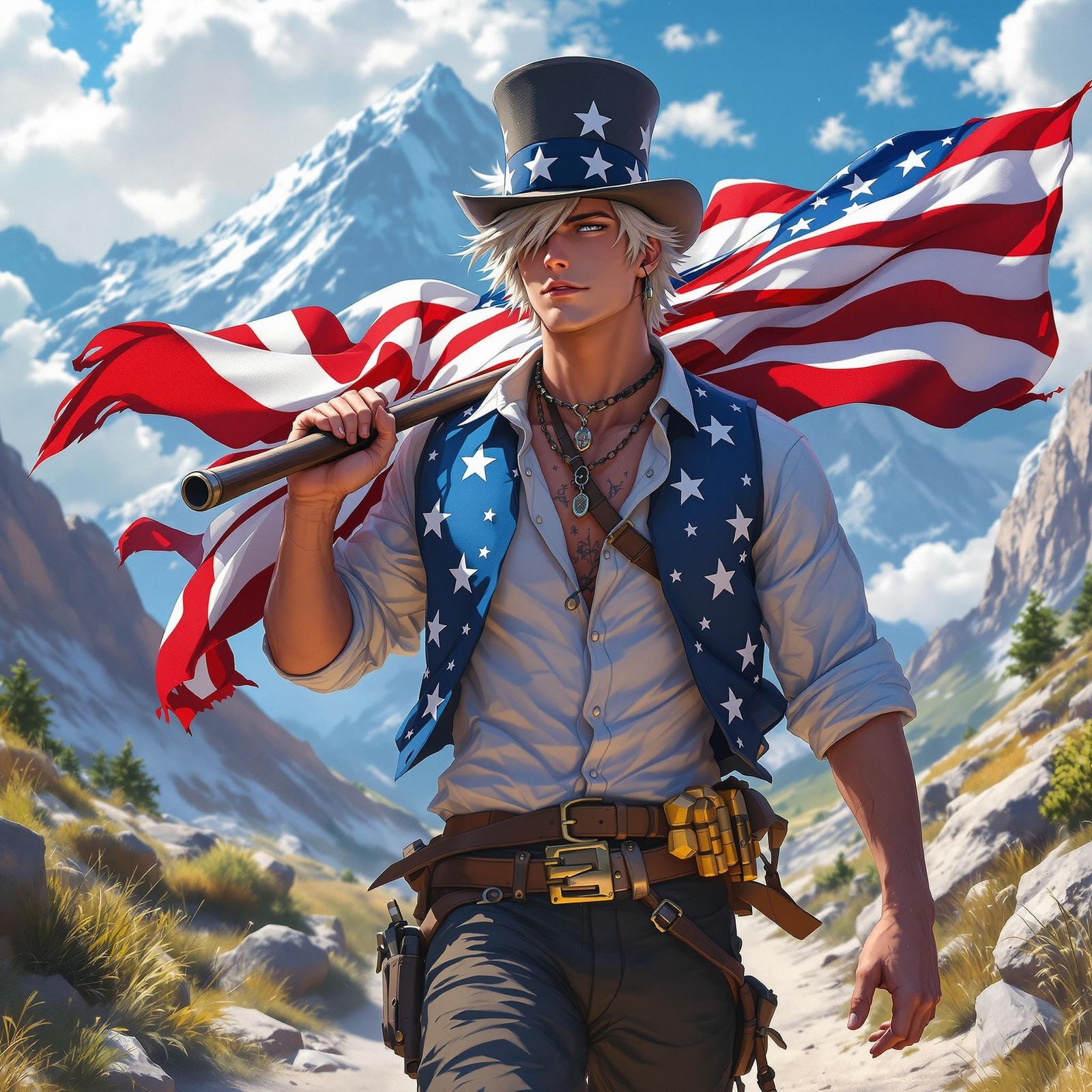 Patriotic Young Man With American Flag in Anime Style