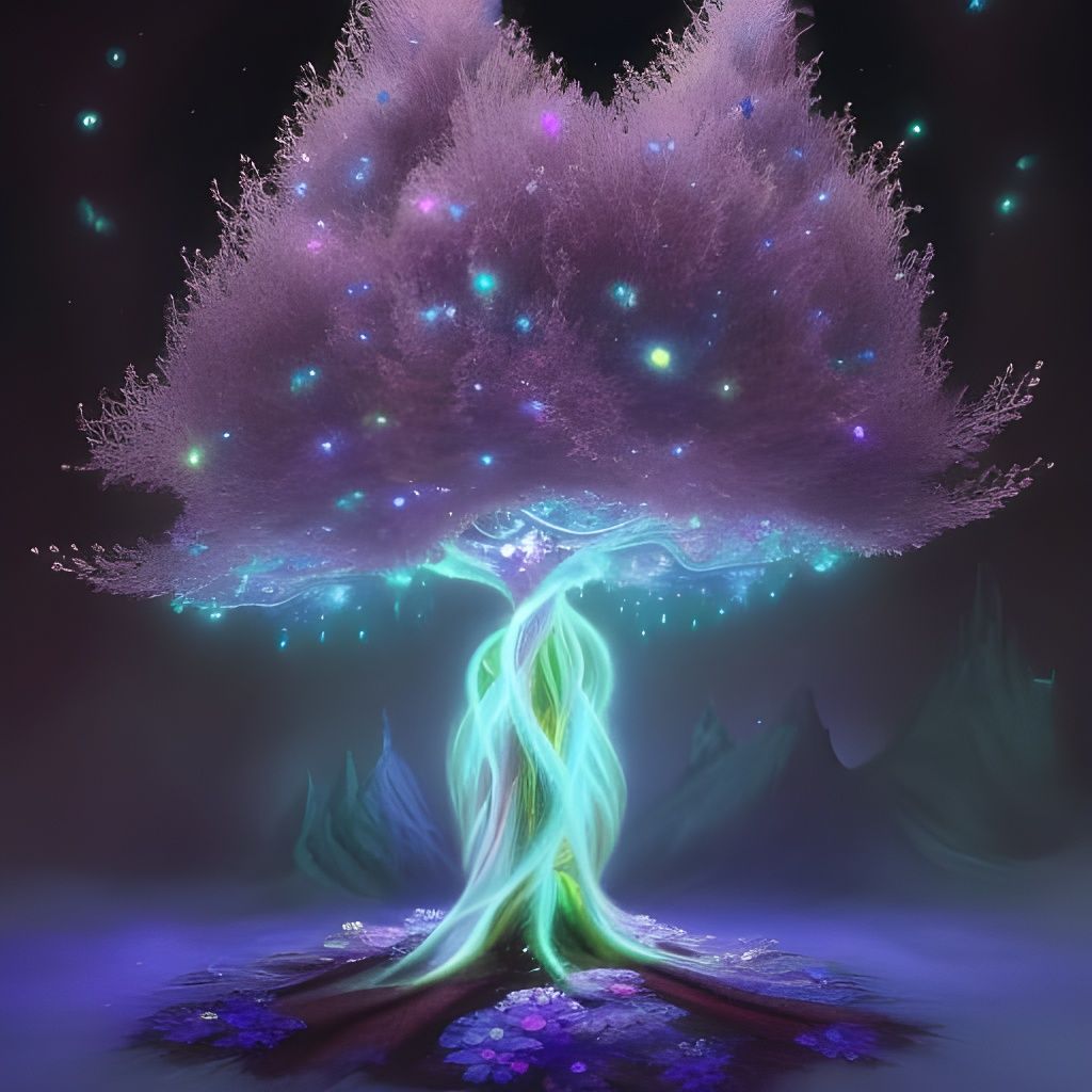 Hyperdetailed Magical Tree with Glowing Crystals