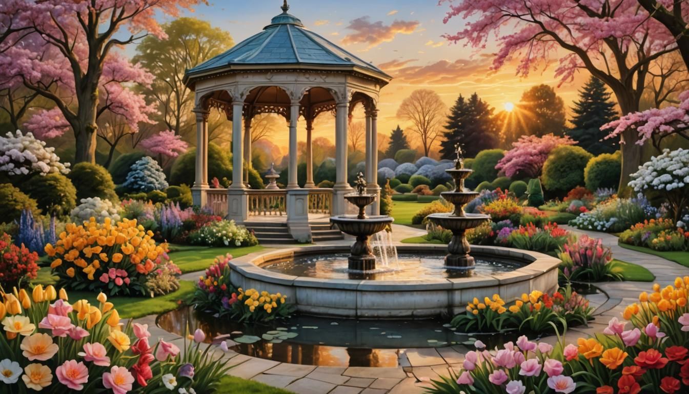 English Garden with Gazebo and Fountain at Sunset