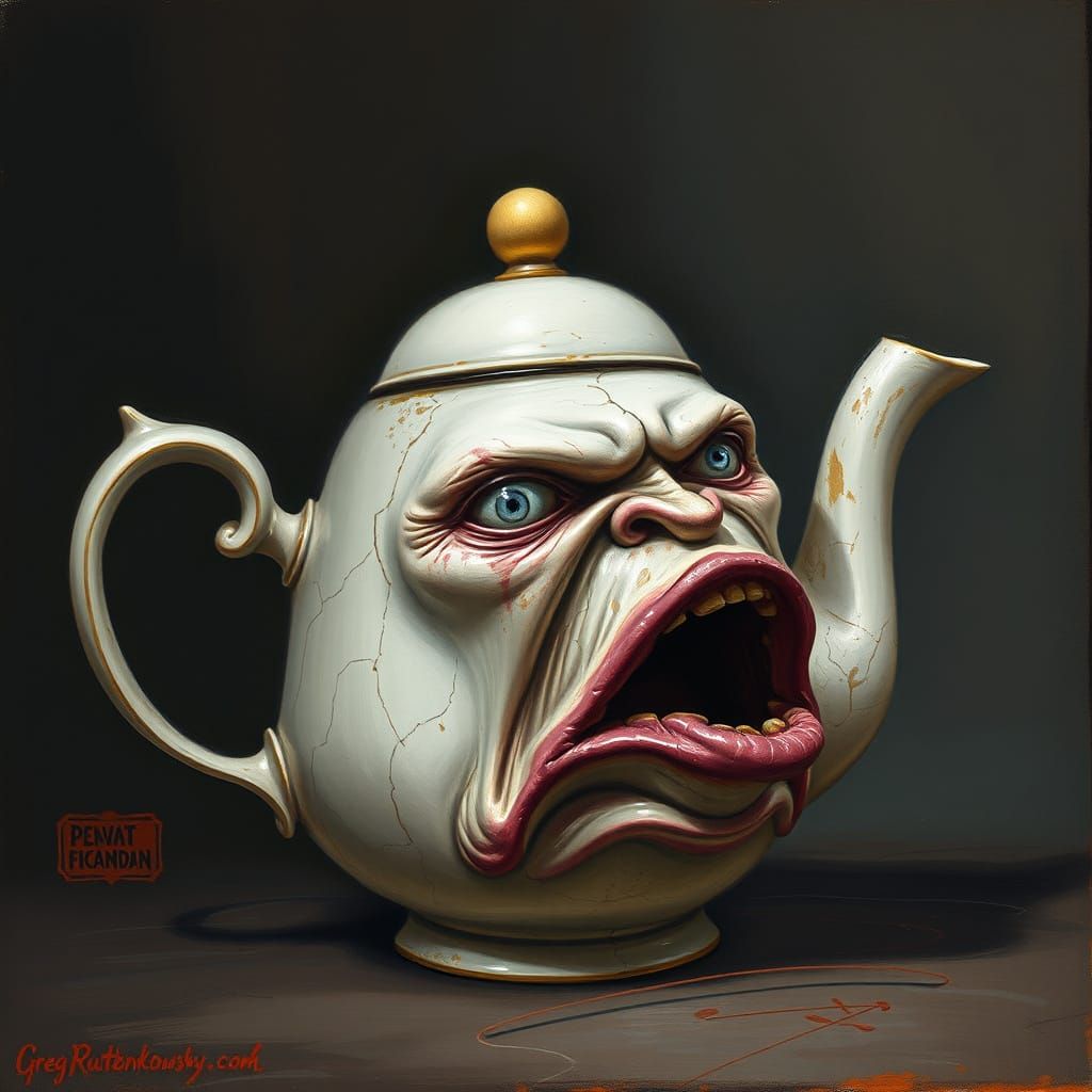 Surreal Ceramic Teapot Scream in Dark Fantasy Style
