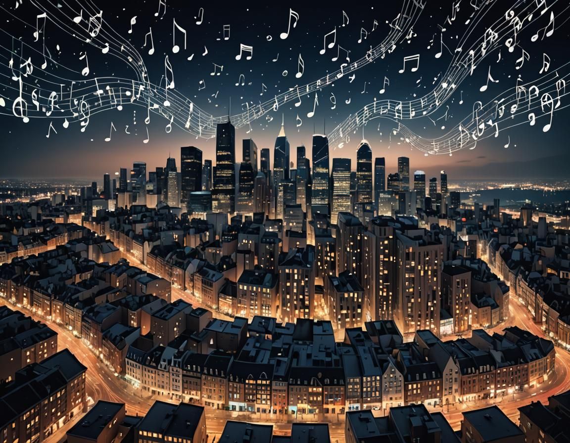 Musical Note Cityscape Against the Night Sky