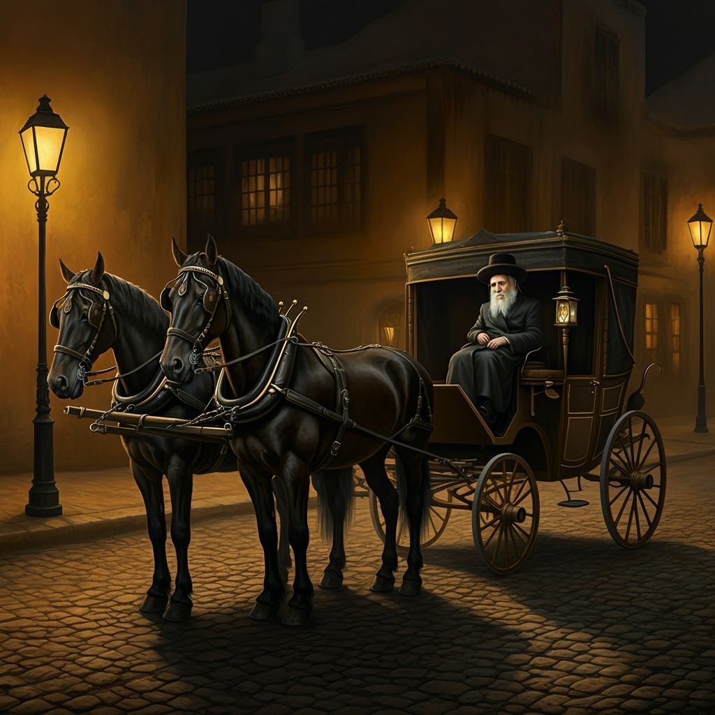 Rebbe of Sanz on Horse-Drawn Carriage in Chiaroscuro Style