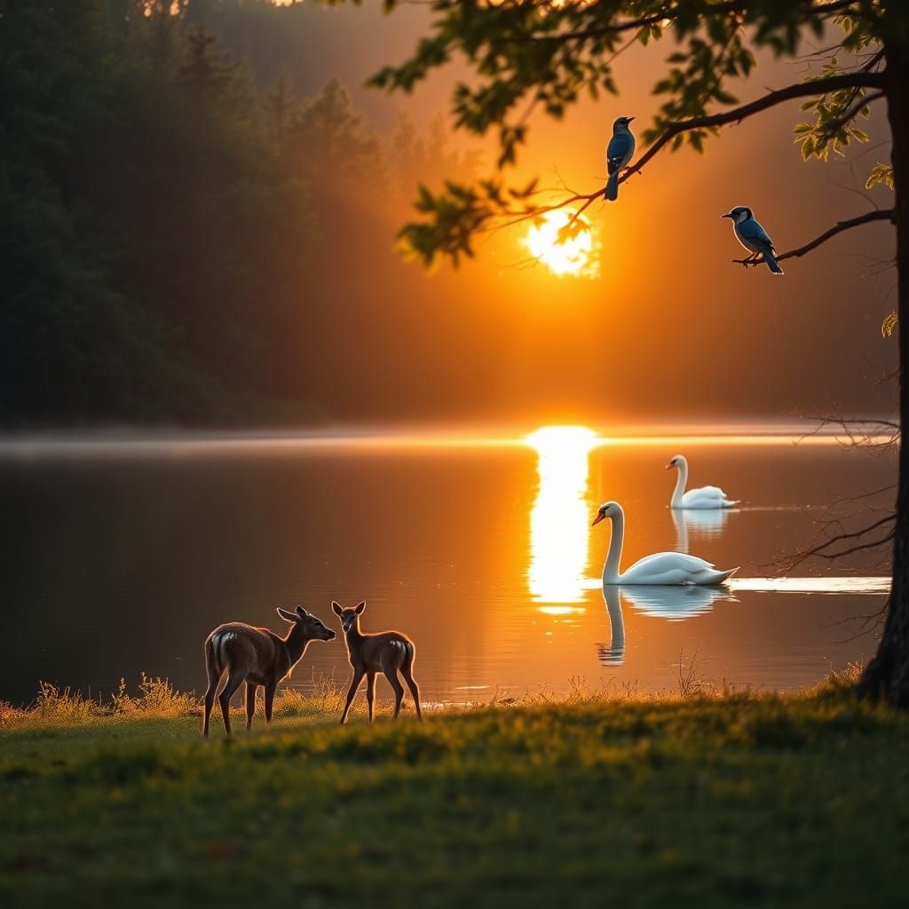Serene Lake Landscape with Wildlife in Warm Sunset Light