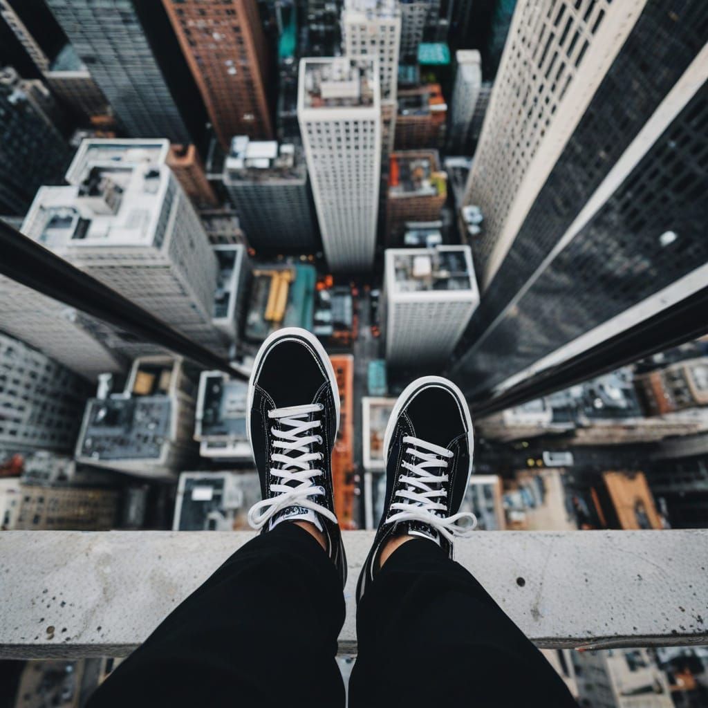 First Person View From Skyscraper Edge Overlooking City
