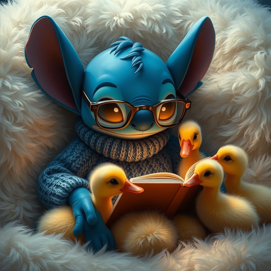 Stitch Reads to Ducks in Realistic Style