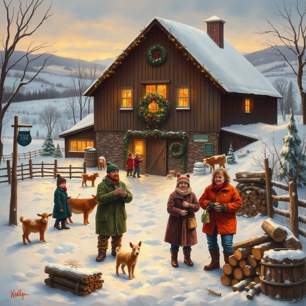 Christmas Farm Scene in Impressionist Style