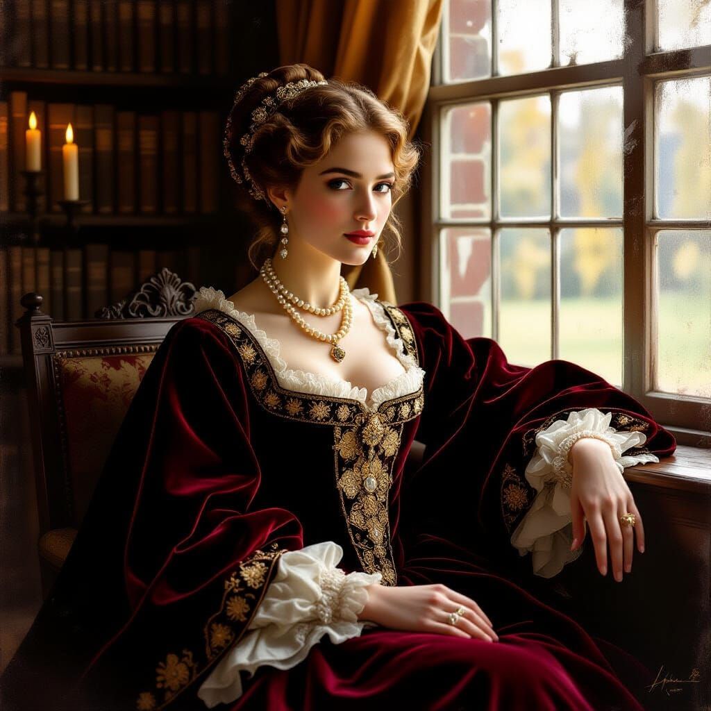 Noblewoman in Crimson Velvet Gown, Digital Painting