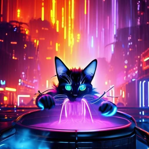 Sci-Fi Cat Witch Brews Neon Potion in Synthwave Style
