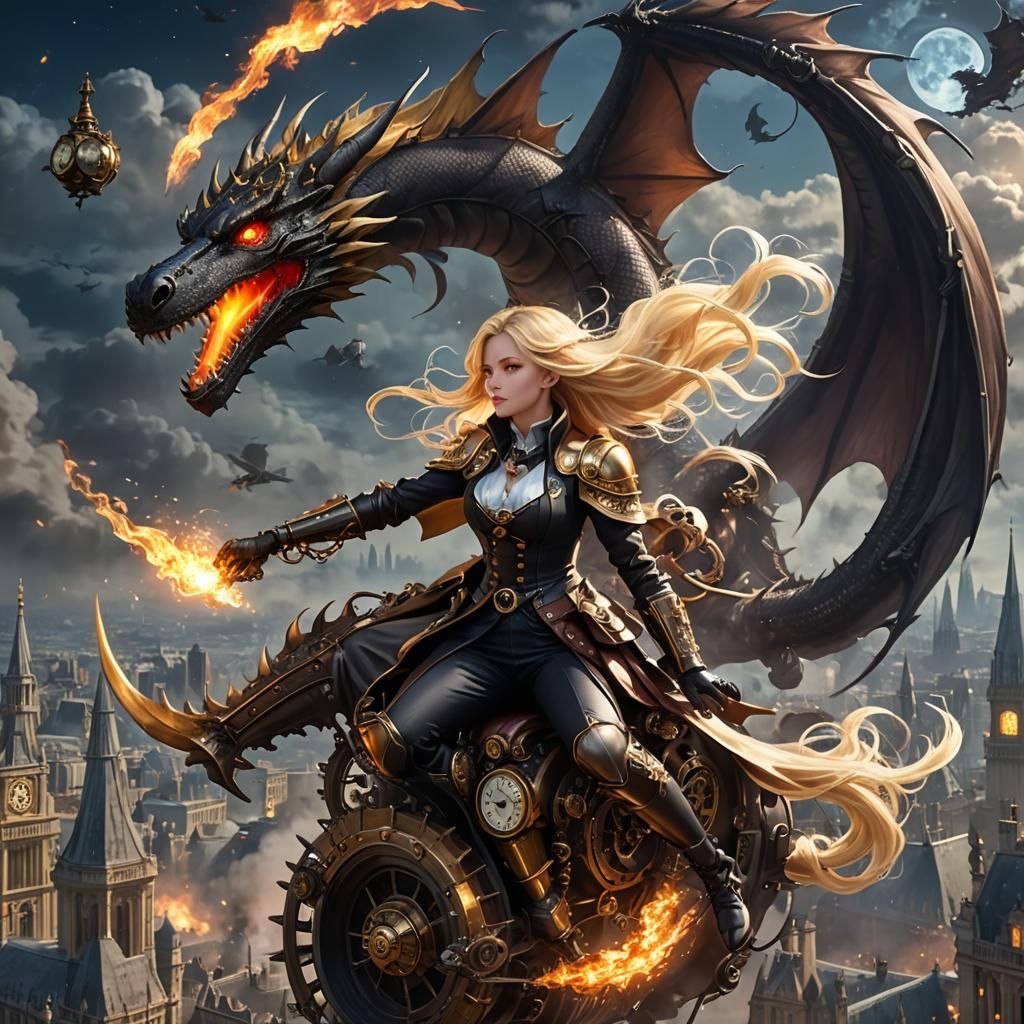 Steampunk Dragon Rider Soaring Over London