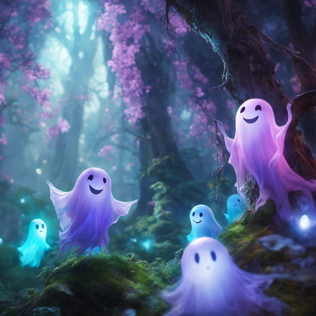 Cute Ghosts Singing in a Bioluminescent Forest