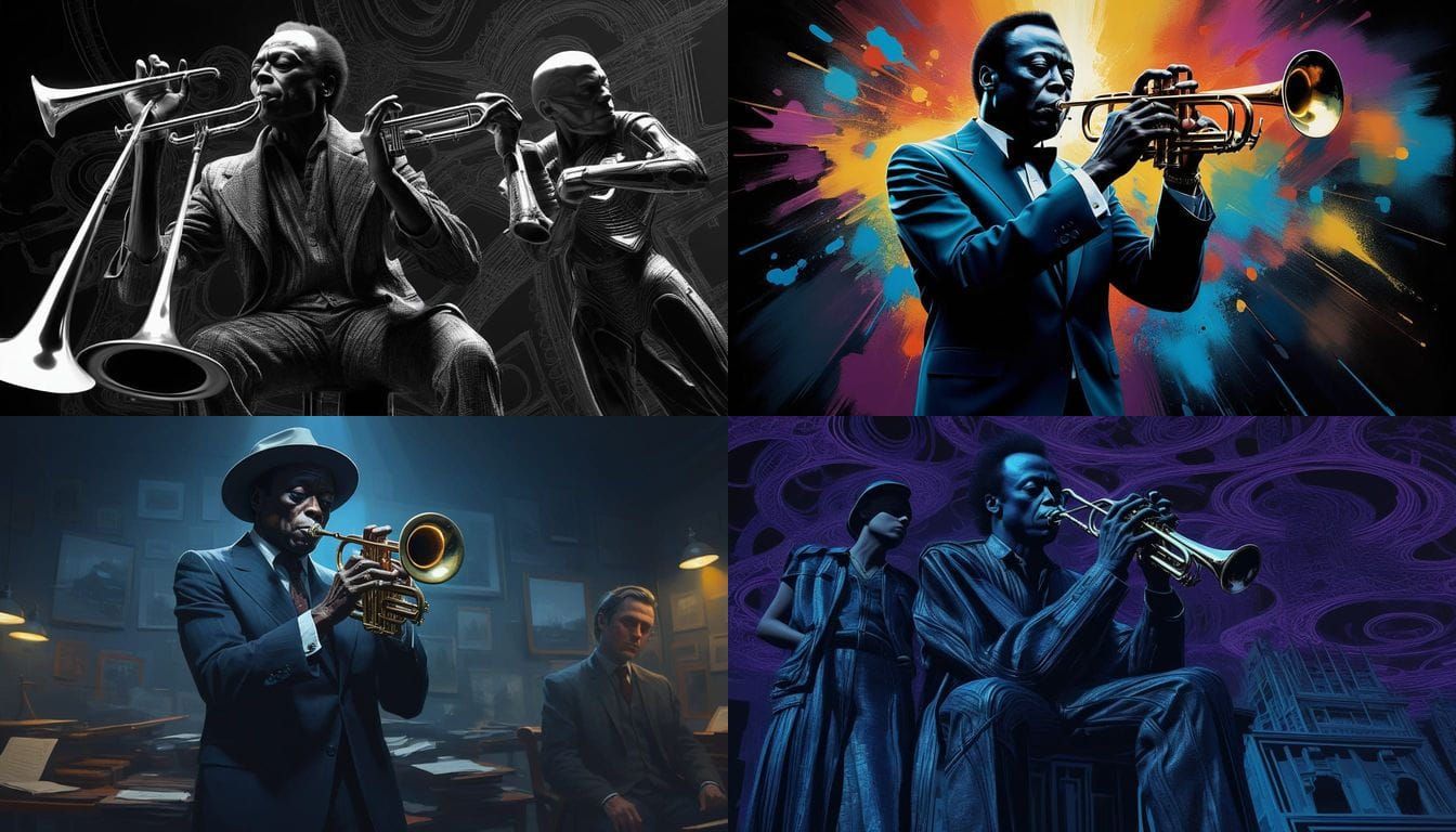 Miles Davis Plays Trumpet in a Vibrant, Hyperrealistic Splas...