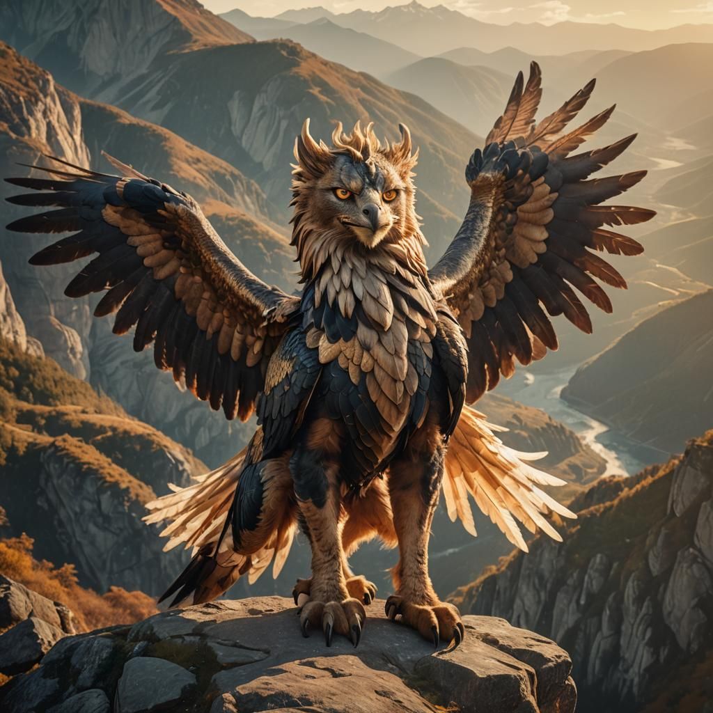 Majestic Winged Cat-Griffin on Mountain Cliff