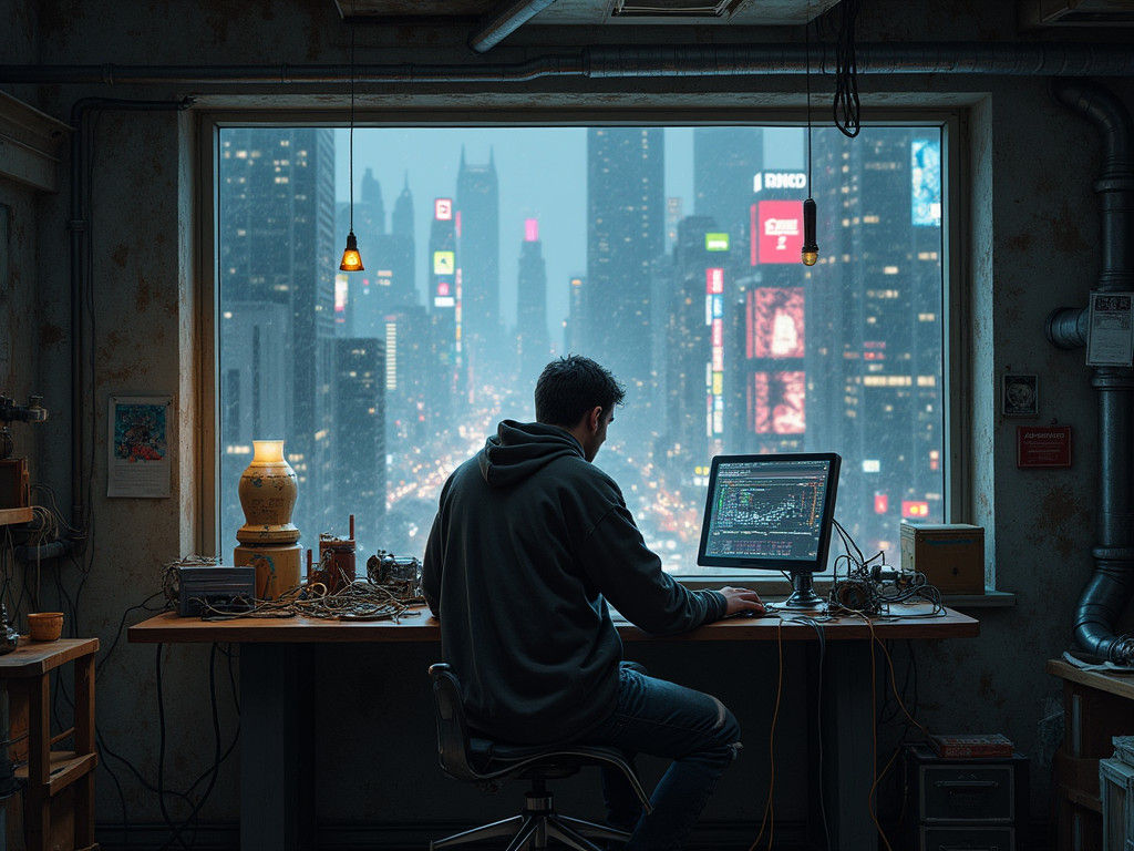 Cyberpunk Programmer in Dystopian Office