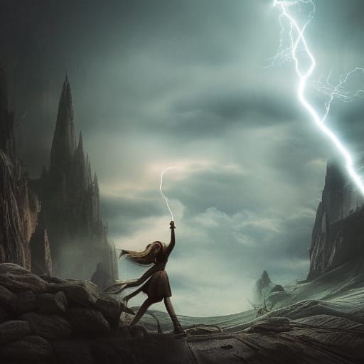 Girl Wizard Conjuring Lightning in Digital Painting