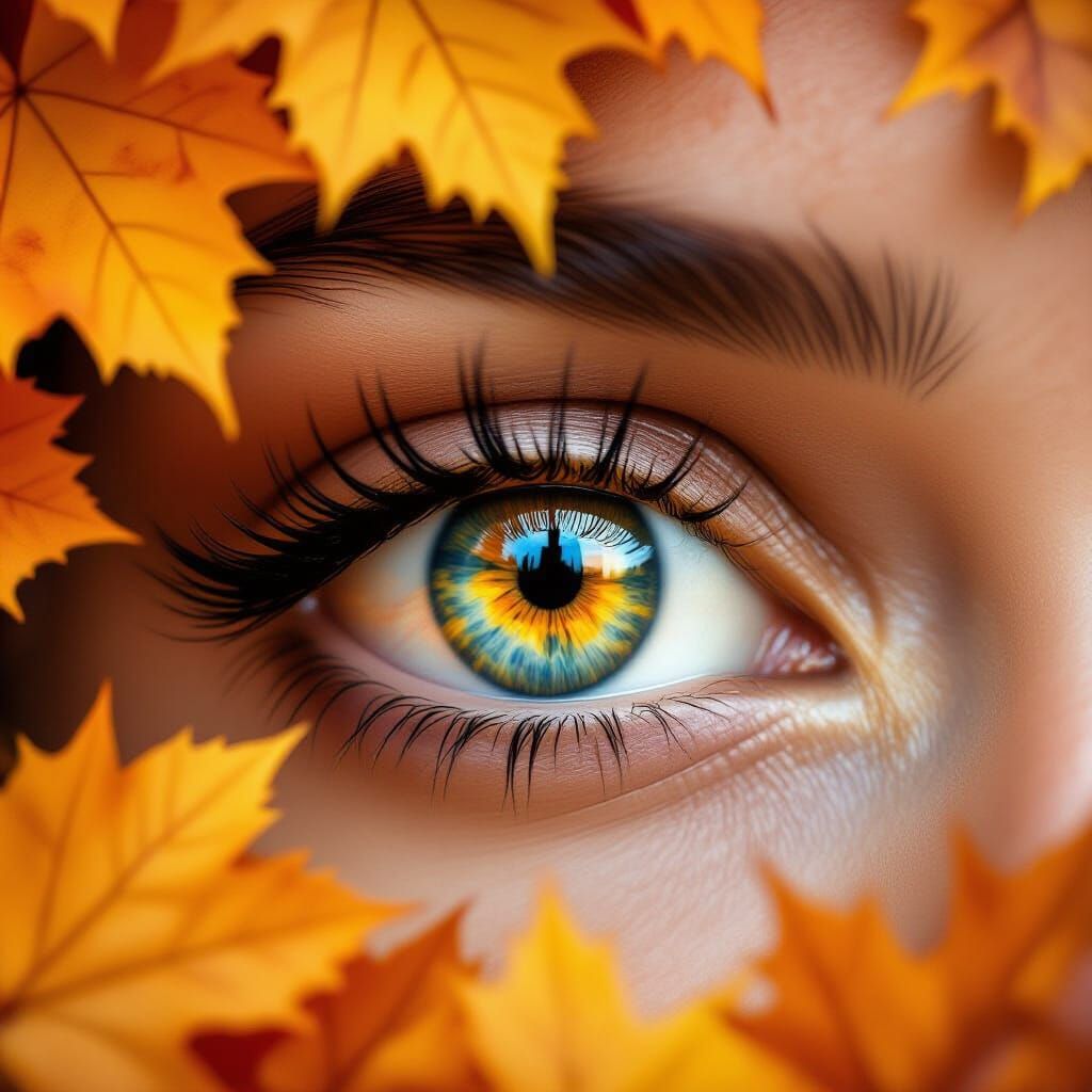 Hyper-Realistic Close-Up of Eye Reflecting Autumn Leaves