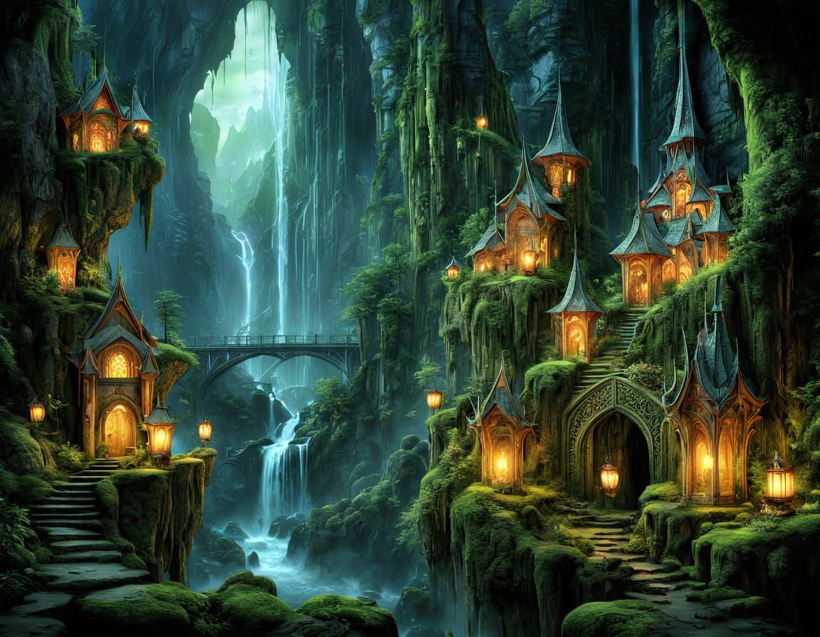 Elven City Cascade: Fantasy Matte Painting