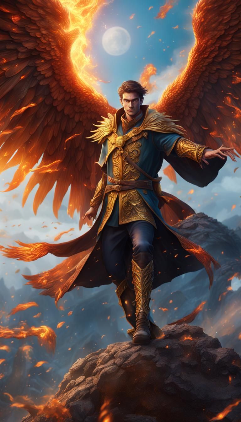 Young Wizard with Phoenix in Flight: Fantasy Art