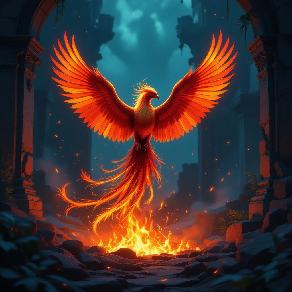 Majestic Phoenix Rises from Fiery Embers in Ruined Landscape