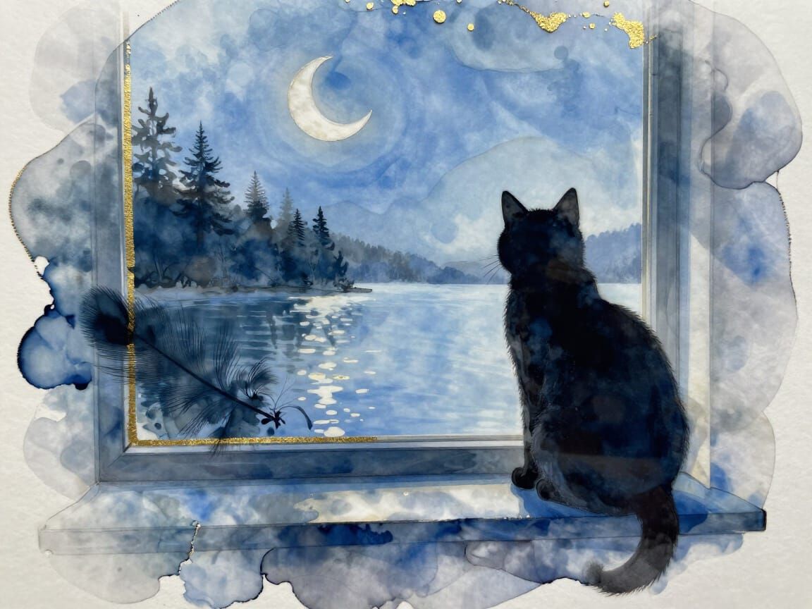 Dreamy Black Cat on Blue Sill with Alcohol Ink Style