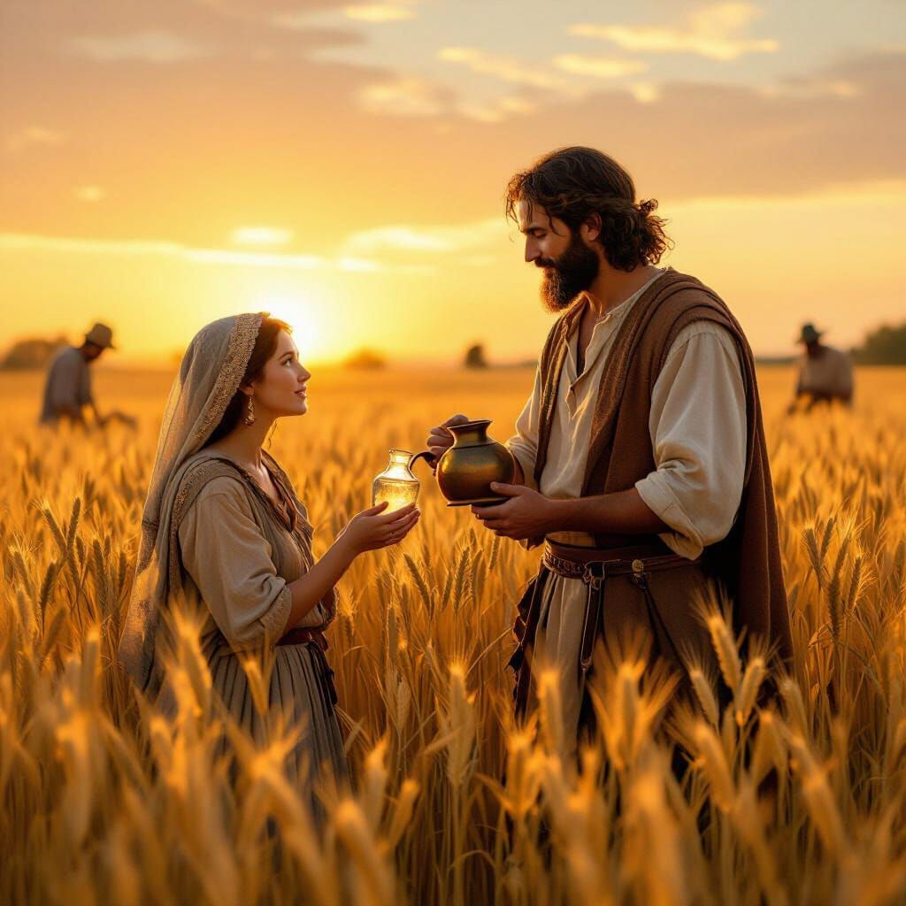 Boaz Offers Water in Golden Wheat Field at Sunset