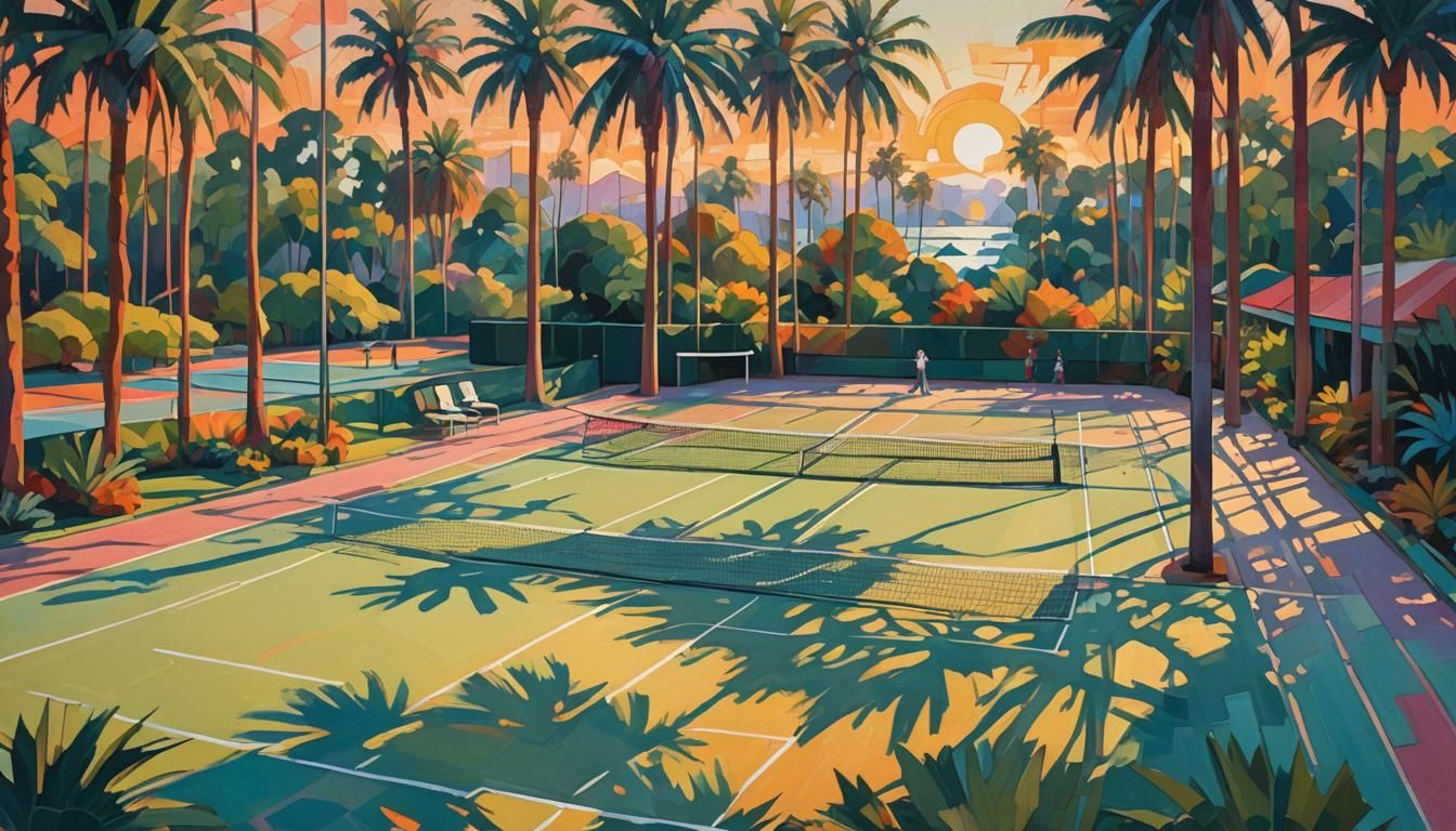 Sunset Tennis Court: Expressionist Impasto Oil Painting