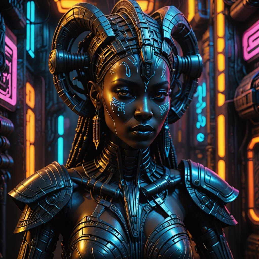 Nubian Queen Figurine in Biomechanical Cyberpunk Style