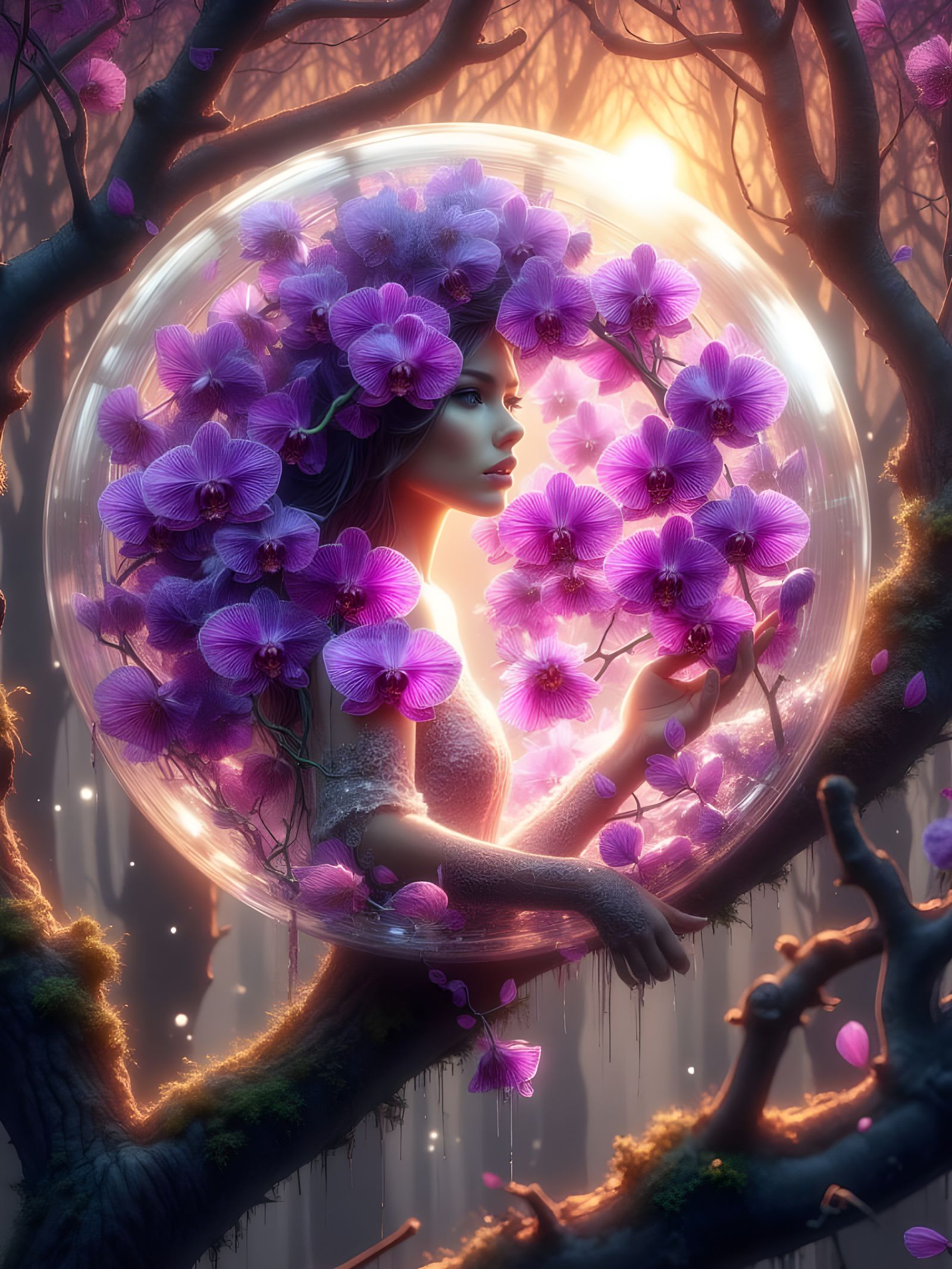 Ethereal Goddess with Orchids in Glass Sphere