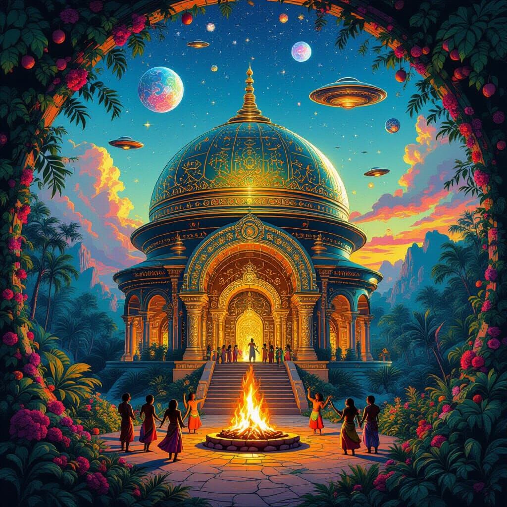Alien Temple Portal Amidst Psychedelic Jungle