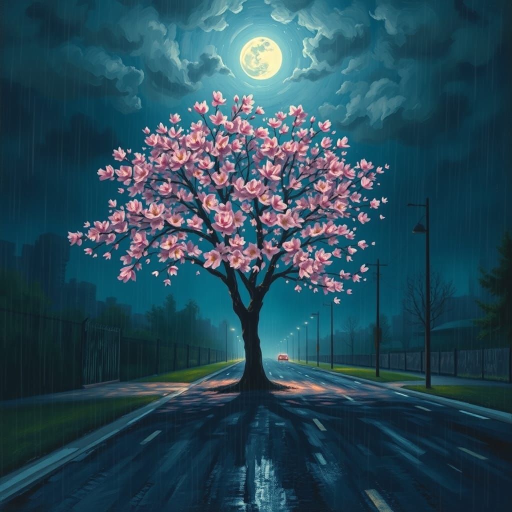 Mystical Blossoms Tree Illuminated by Moonlight