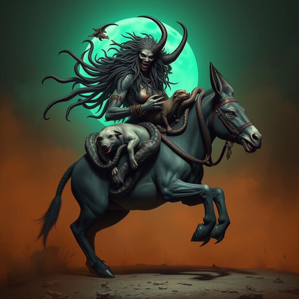 Demonic Lioness Goddess with Serpents, Fantasy Art