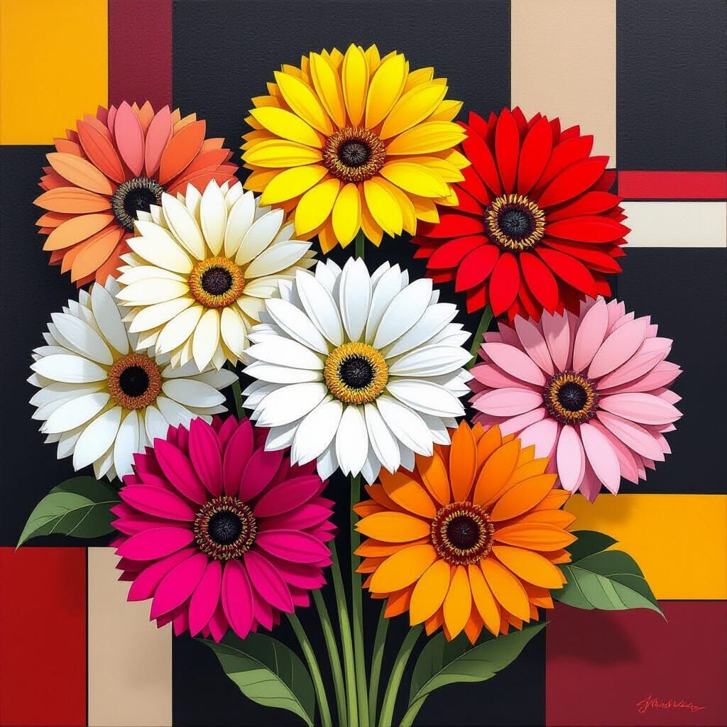 Gerbera Daisies in Mondrian-esque Geometric Composition