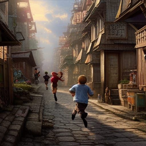 Boy Runs Through Slums: Storybook Illustration