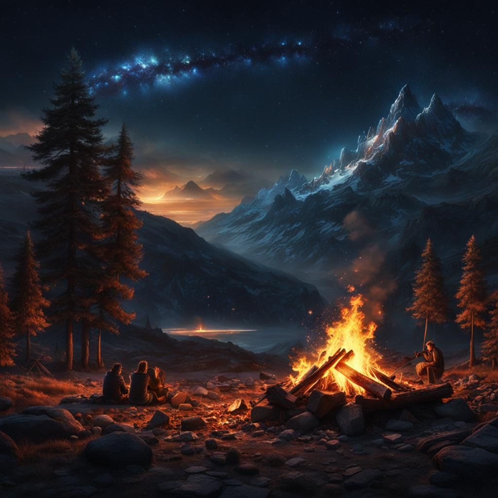 Epic Starry Night Campfire: Digital Matte Painting