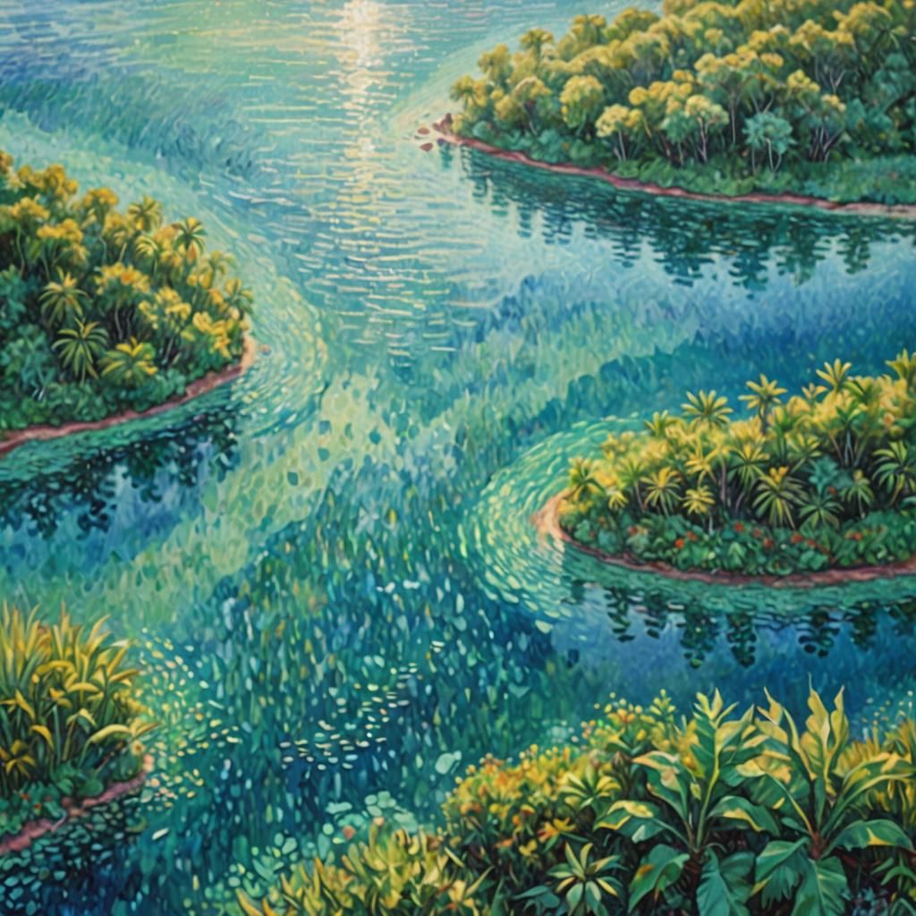 Tahitian Lagoon in Pointillism Style, Aerial View