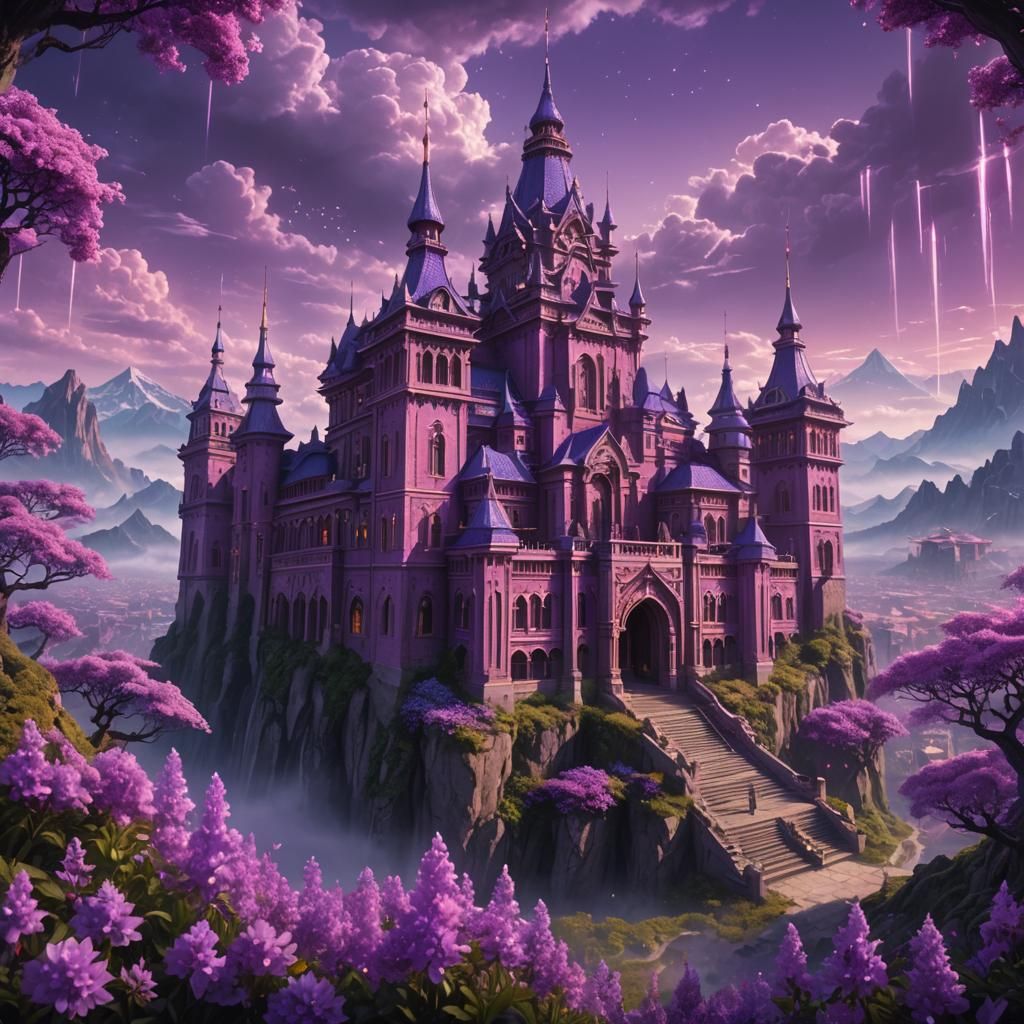 Purple Palace Surrounded by Flowers in Digital Painting
