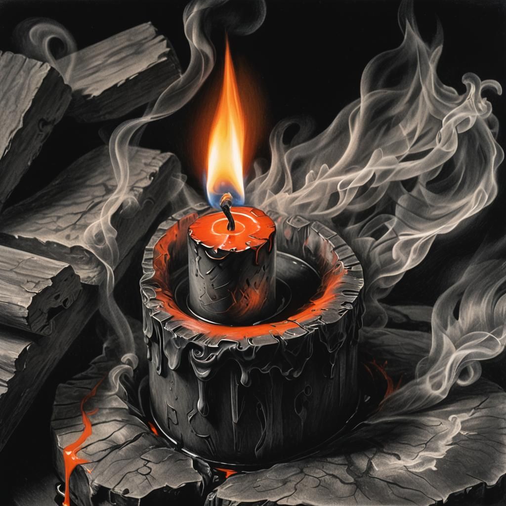 Dramatic Candle Burning in Charcoal Drawing