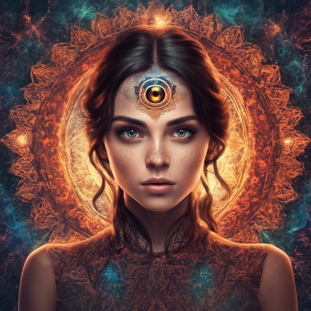 Mystical Girl with Third Eye and Mandala Background