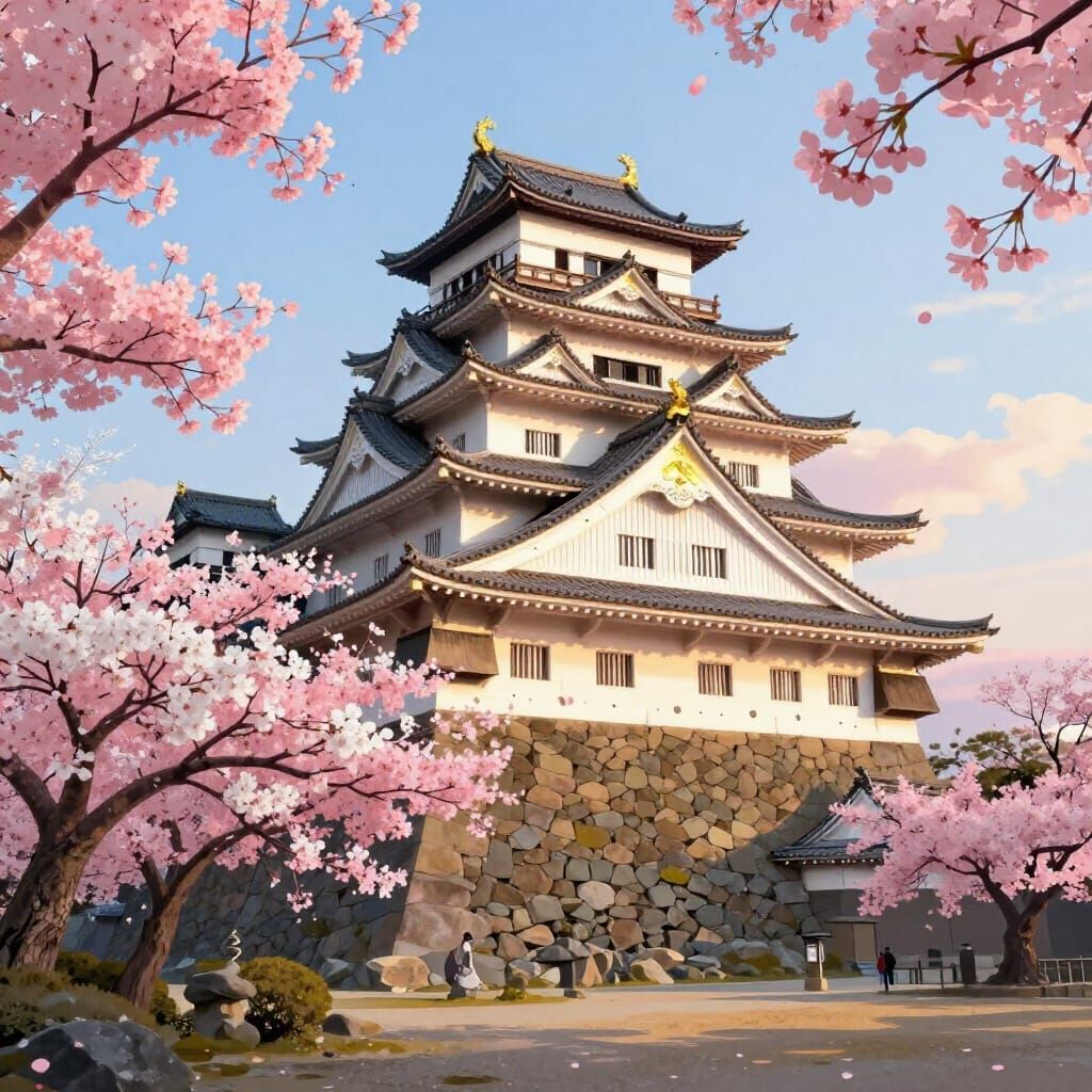 Kyoto Castle Amidst Cherry Blossoms in Golden Hour Light