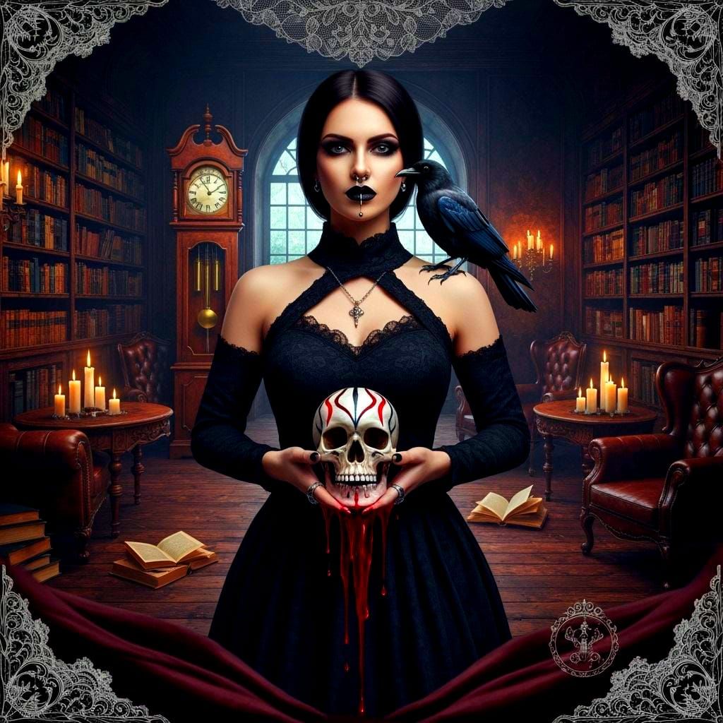 Gothic Model in Surreal Dali-esque Library